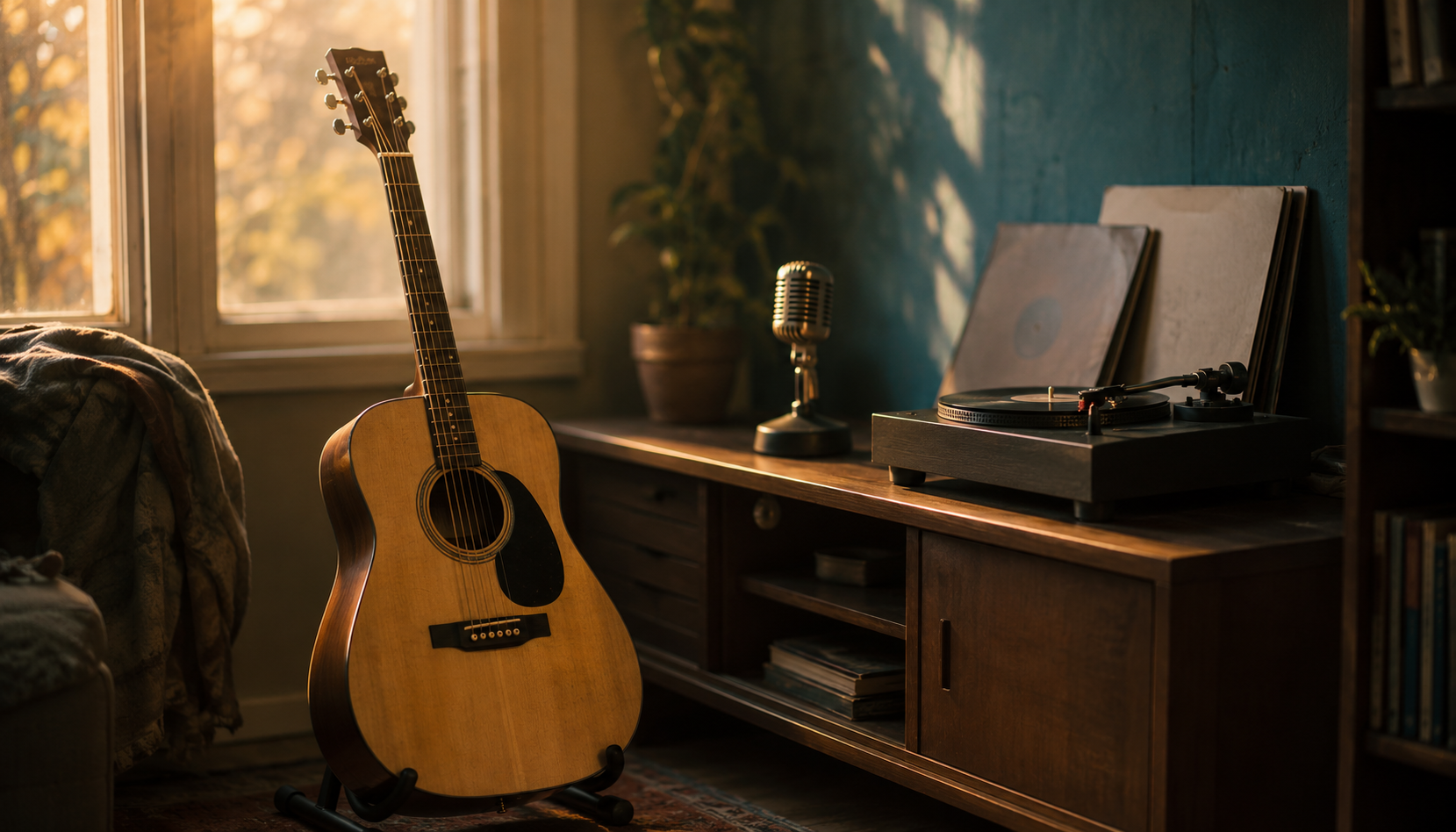 A warm home music corner with an acoustic guitar on a stand, a vocal microphone, and a vintage turntable with vinyl records in soft afternoon light.